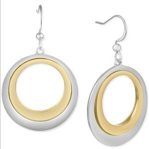 Gold and silver tone circle drop earrings 1 3/4”